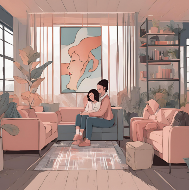 Illustration of a mother comforting her daughter in a warm, calming living room